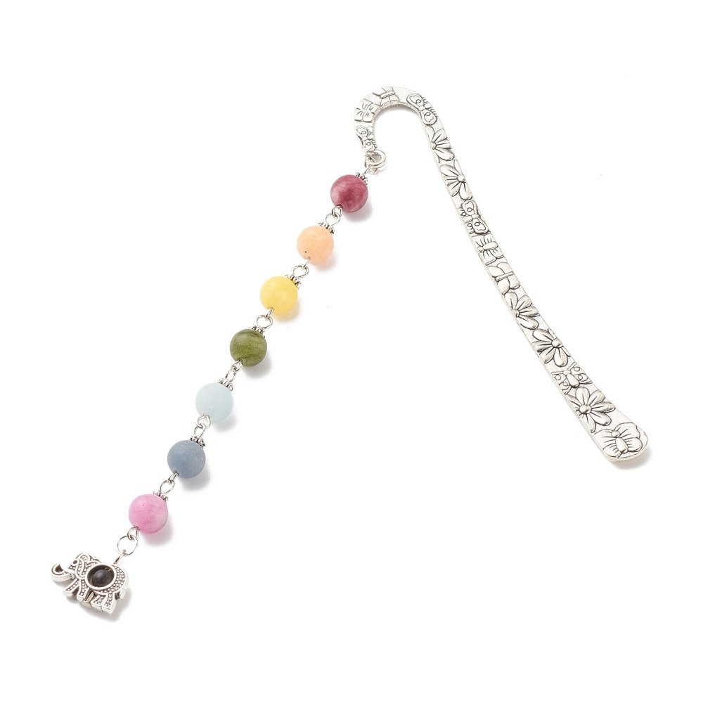 Colorful Chakra Theme Frosted Natural Gemstone Beaded Bookmark w/ Elephant Charm